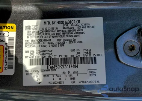 2024 Ford Mustang Gt из США, поврежденный, VIN 1FA6P8CF2R5417484